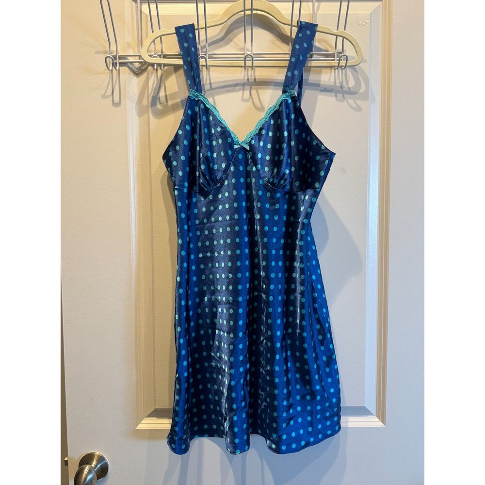 Gilligan & O'Malley Sleepwear Blue Teal Polka Dot Slip Dress Size M EUC Y2K 2000